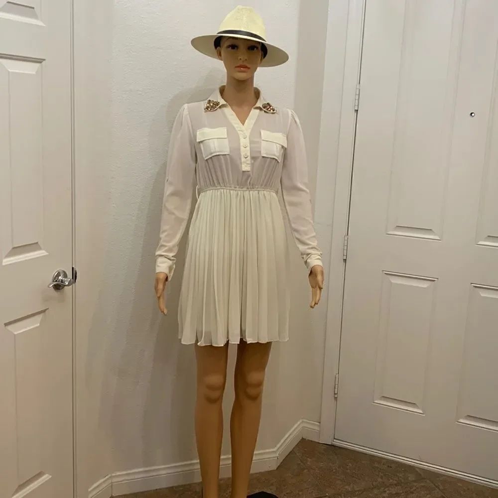 Agaci Gold Studded Collar Sheer Cream Color Front Button Pocket Roll Sleeve